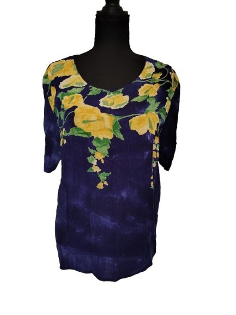 La Cera Vintage 90s Rayon Floral Tie Dye Blouse Top XL Blue Yellow Artsy Boho